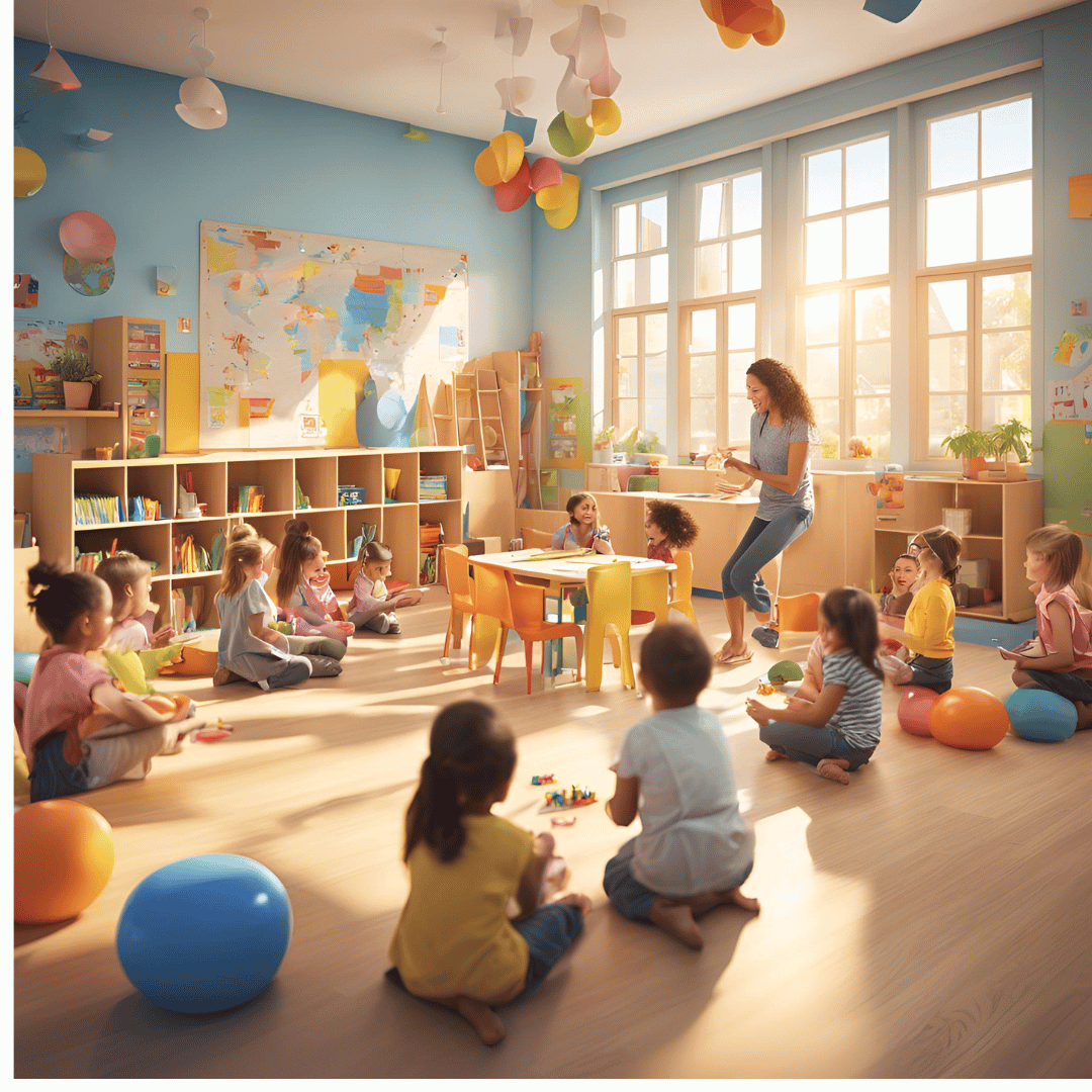 Kinder im Kindergarten mit Kindergärtnerin